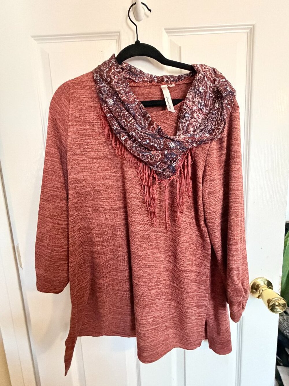 NY Collection Rust Tunic Top Removable Paisley Scarf Fringe L